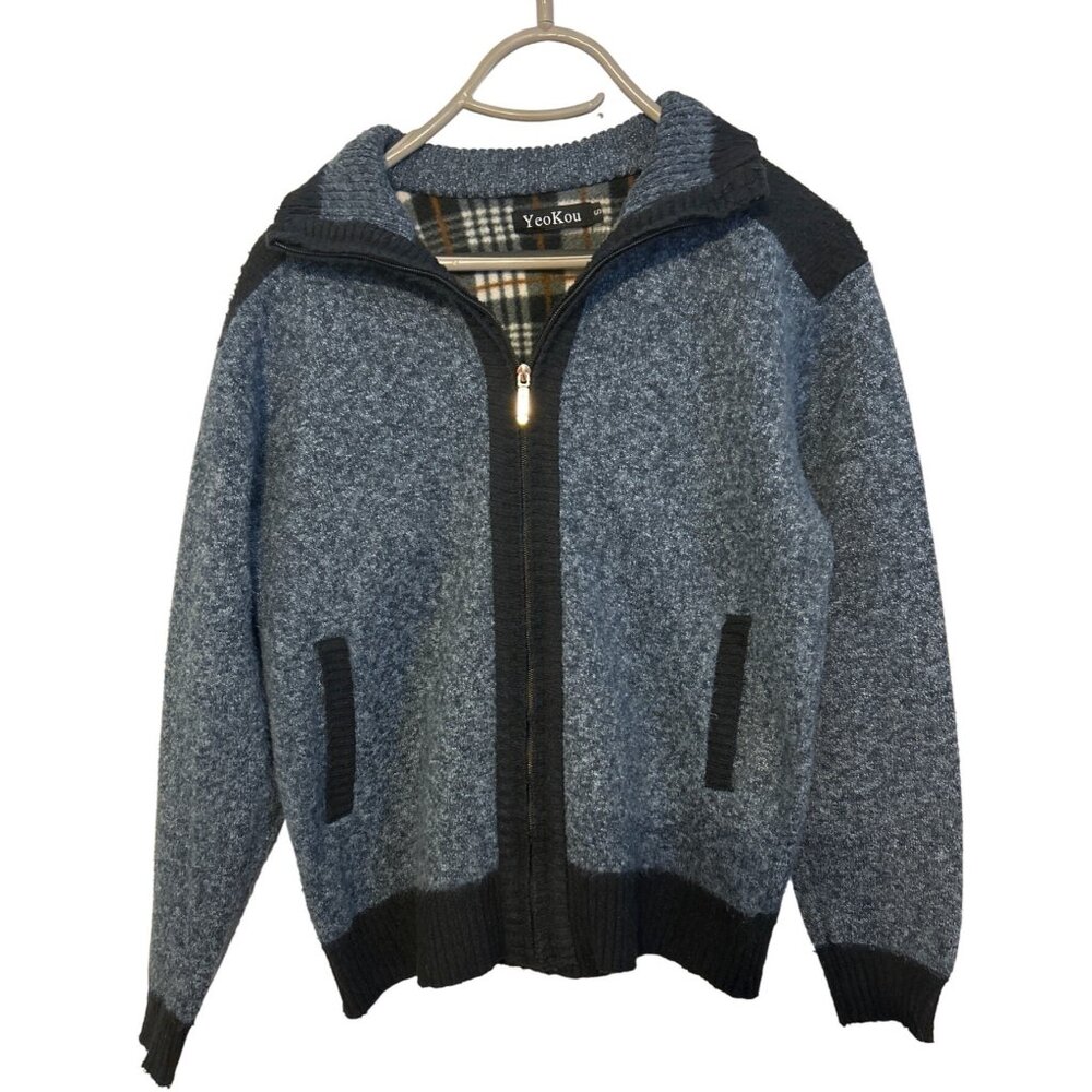 YeoKou Blue Cashmere Wool Blend Zip Up Sweater Jacket Fleece Lined Size S